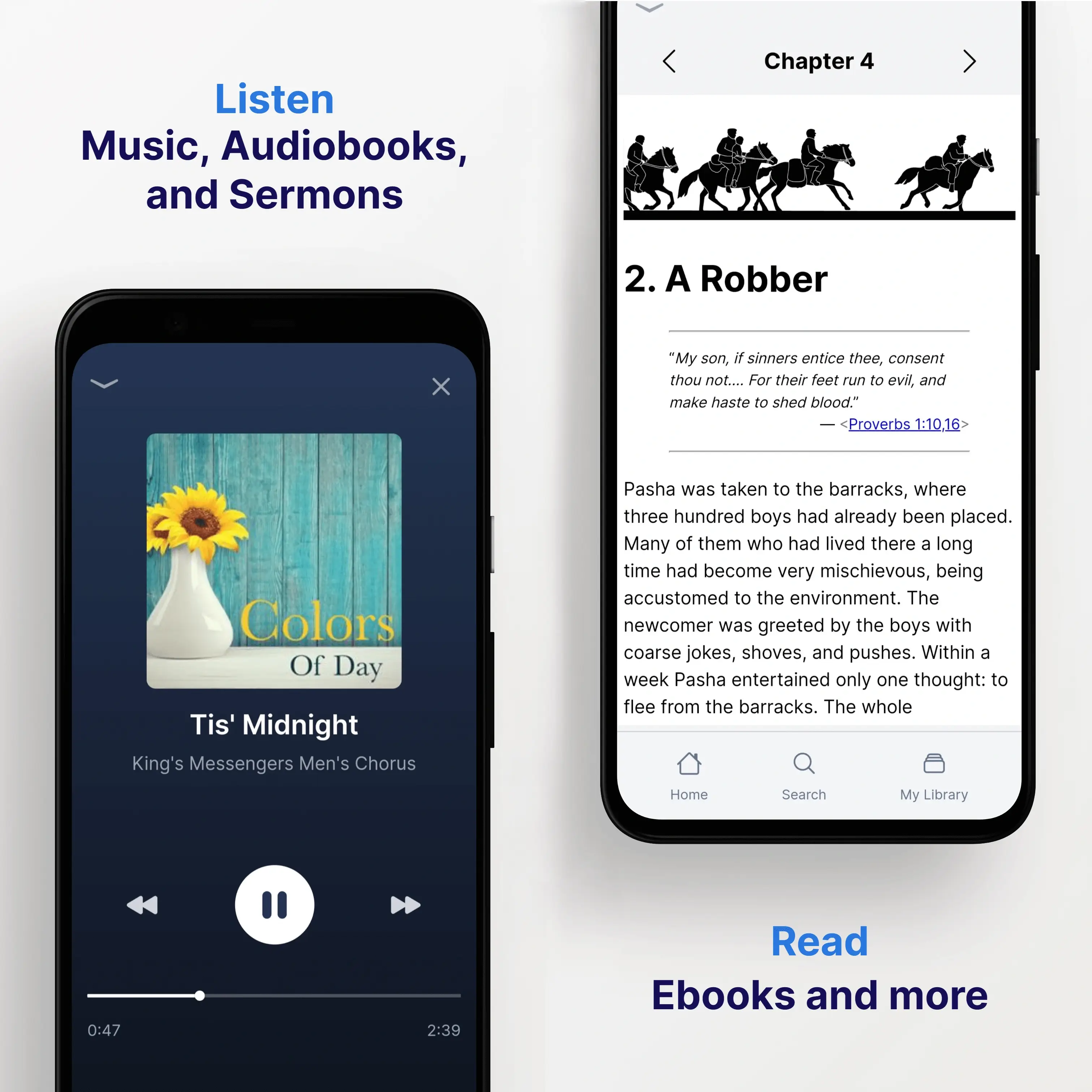 music player and ebook screenshots of anabaptist resources app