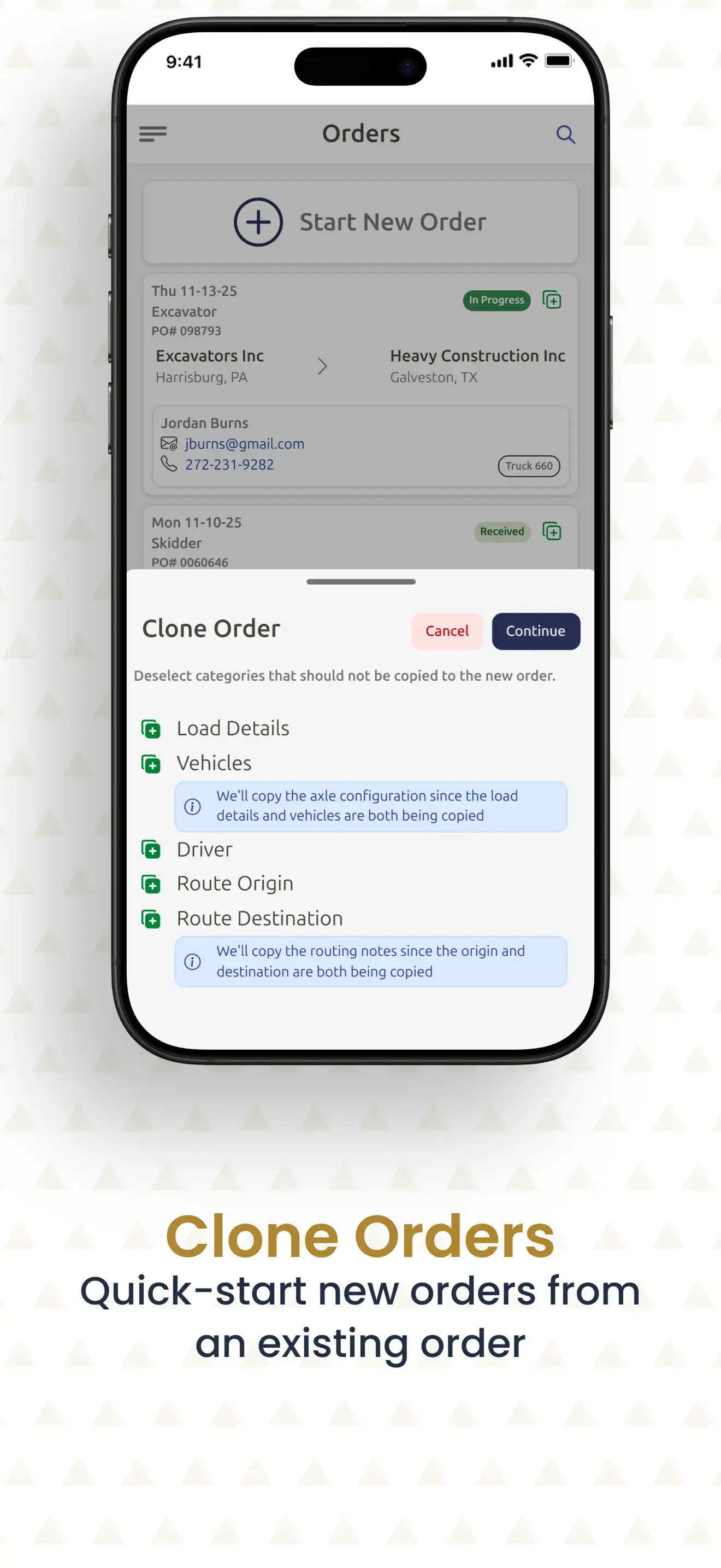 CloneOrders screenshot of oversize optimized app