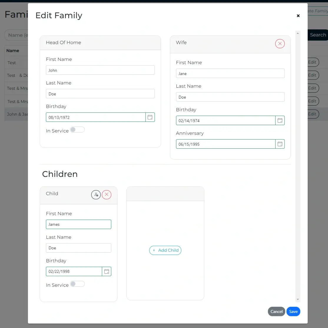 'add family' page of shekinah website